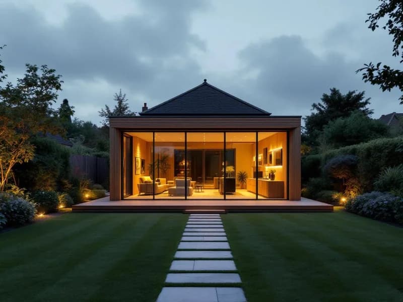 The Surrey garden room from across the lawn at dusk, lights glowing through the glazed front