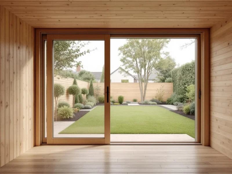 Inside the Surrey studio looking out toward the garden through the glazed sliders
