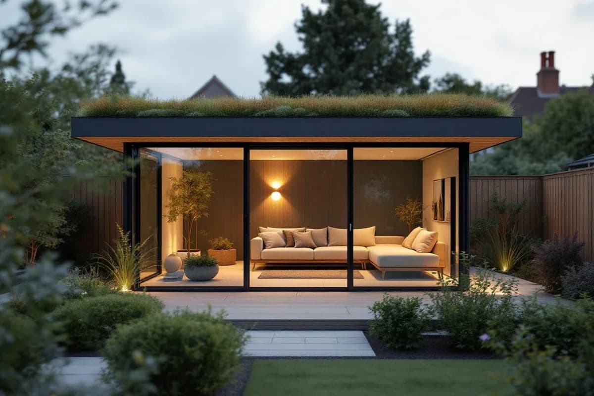 A contemporary garden lounge with a fully-glazed front and a sedum-planted roof
