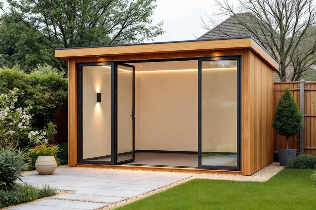 A timber-clad garden gym with sliding doors fully open and a mirrored interior