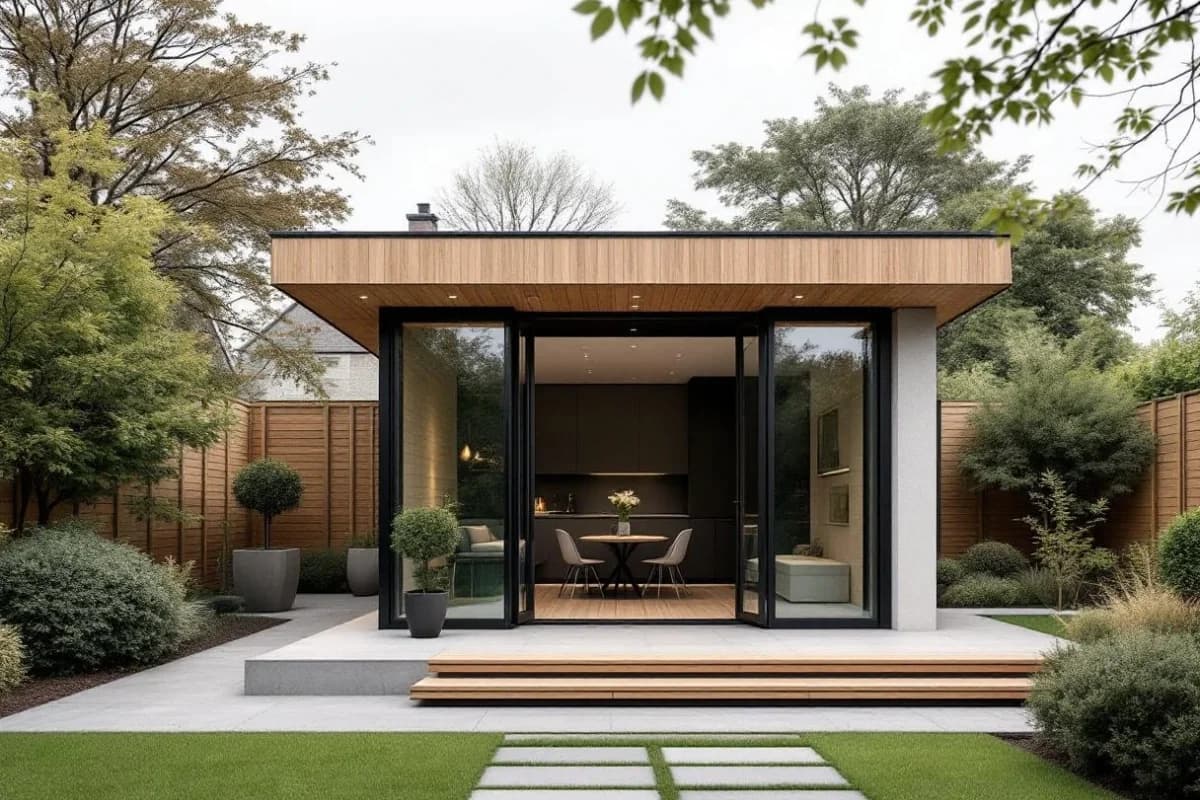 An architect-led premium garden room with statement glazing and mixed cladding
