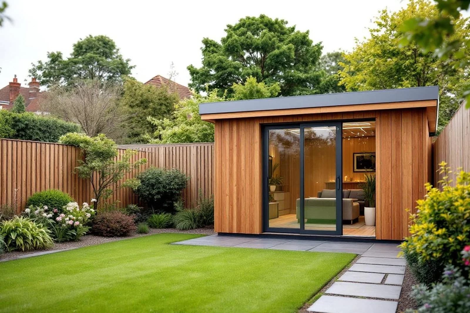 The same garden with a cedar-clad garden room placed on a flagstone base near the back fence