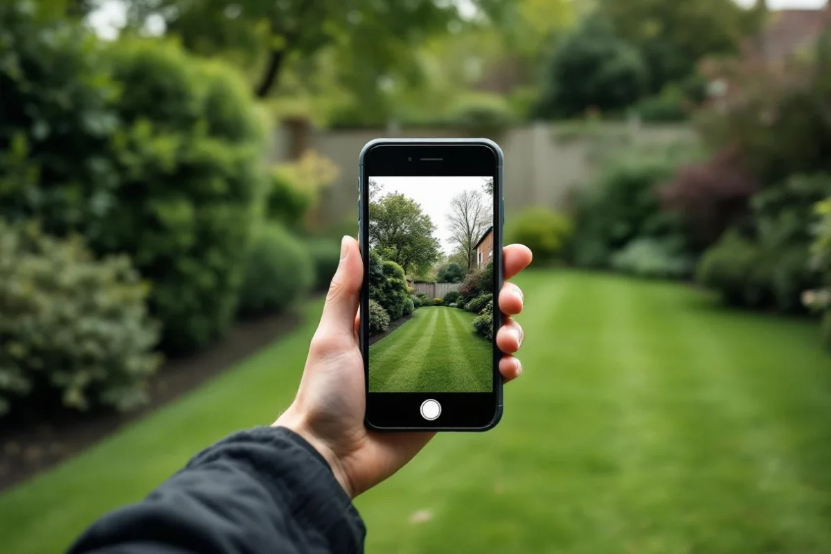 A homeowner taking a phone photo of the back of their garden from a patio chair