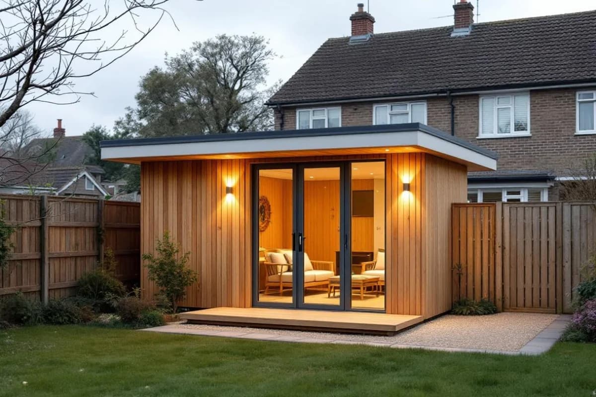 AI render of a cedar-clad modern office placed in a suburban UK garden